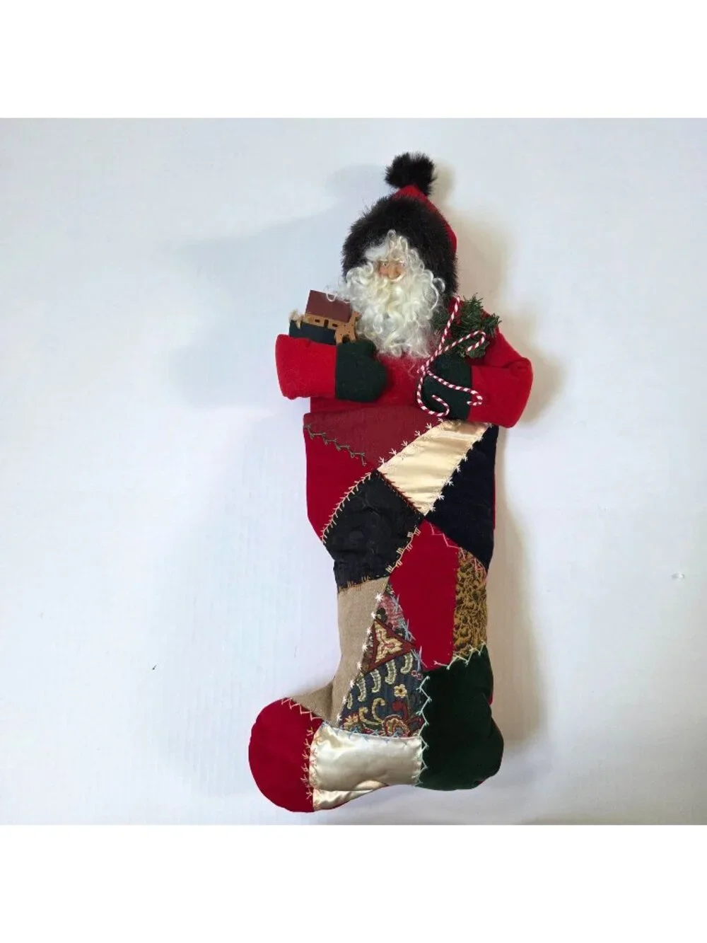 Vintage House of Hatten Crazy Quilt Patchwork Stocking 3D Santa Folk Art